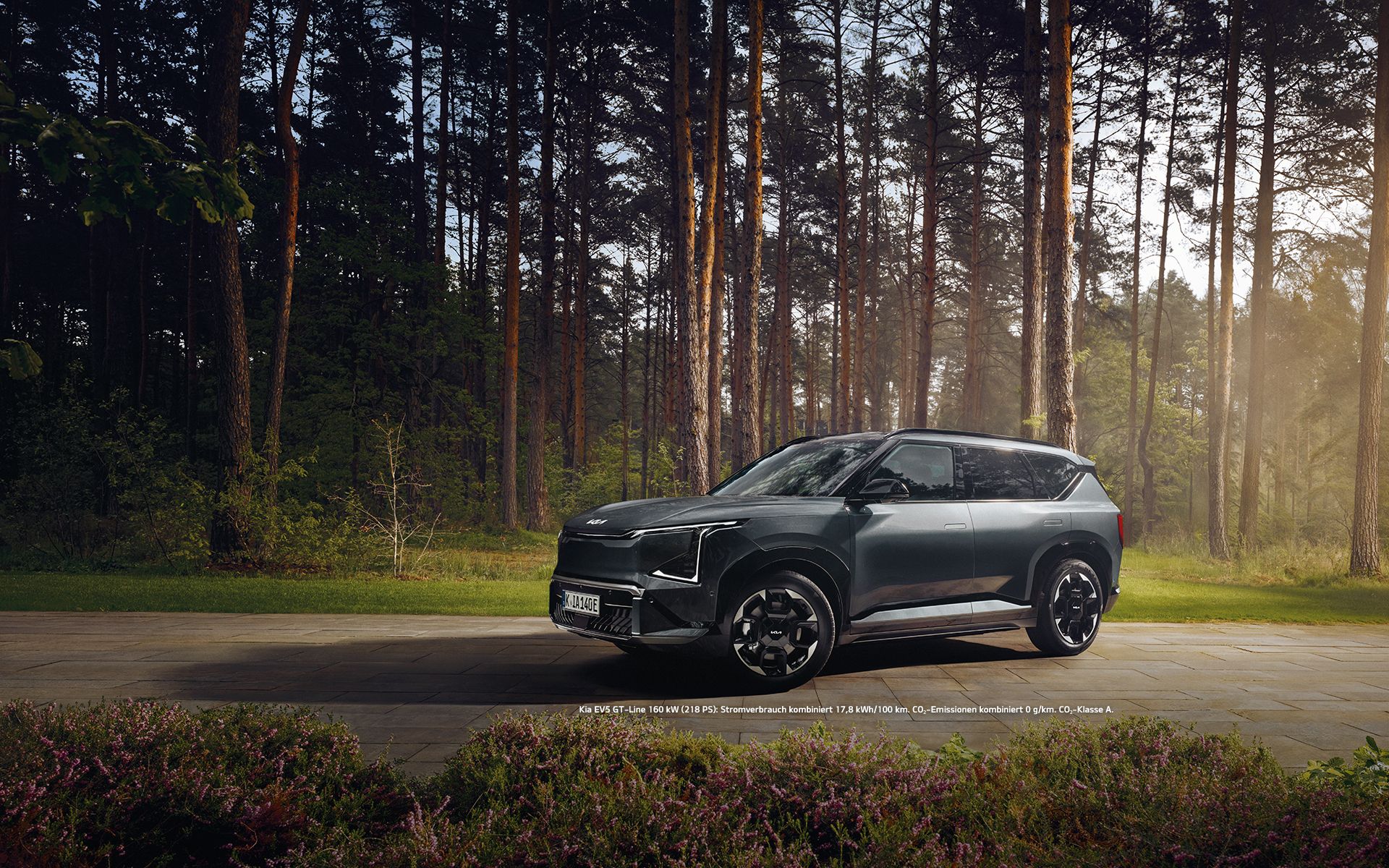Der Kia EV5 vor einem grünen Waldstück